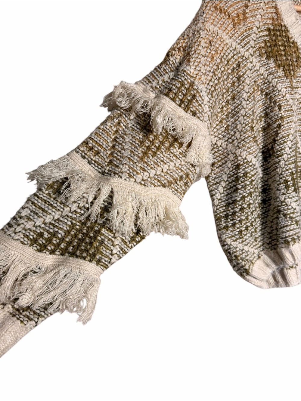 Sadie & Sage Olive and Cream Fringe V-Neck Sweater - Picture 3 of 9